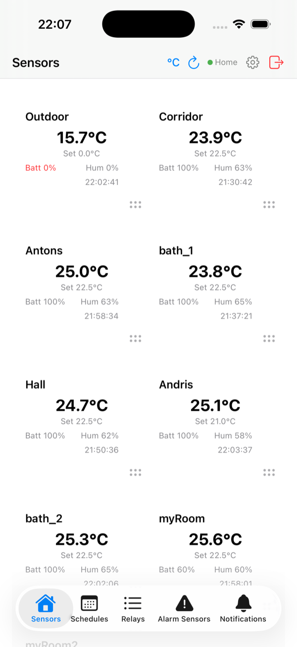 UpaSmartHome App Sensors Screen